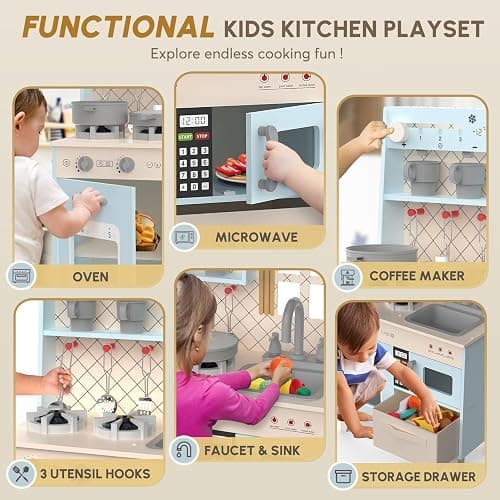 BIERUM Play Kitchen w/Realistic Lights, Sounds, Pretend Play Set for Kids | Interactive Wooden Kitchen with Coffee Maker & Microwave, 24 Pcs Toy Food & Cookware Accessories, Toddlers Gift for Ages 3+ thumbnail 7