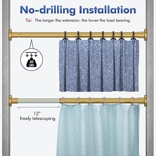 Shower Curtain Rod Adjustable 32"-80", Tension Shower Curtain Rod No Drilling Stainless Steel Rust Proof for RV Bathroom Shower Stall Apartment, Gold thumbnail 5