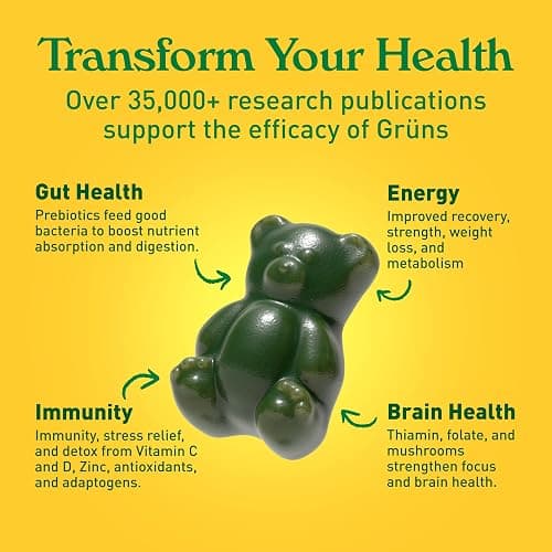 Gruns Adults Super Greens Multivitamin Gummies, Superfood Vitamin Gummy Bears with Spirulina, Chlorella, Prebiotic Fiber for Digestive Health, Adaptogens Supplement, 20 Vitamins & Minerals, 28 Count thumbnail 4
