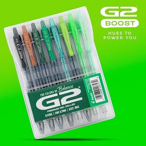 Pilot G2 Premium Gel Roller Pens, Fine Point Gel Pens, Boost Green Pack, The Colors of Balance, 8-Pack Pouch, 0.7 mm, Assorted - Ideal for School, Journaling, & Office Writing thumbnail 2