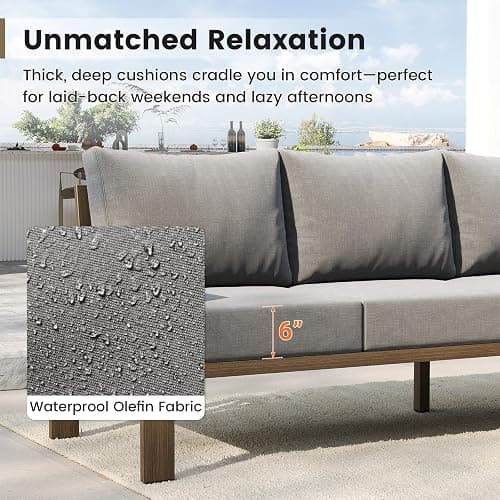 UDPATIO 6 Piece Patio Furniture Set, Metal Outdoor Sectional Sofa with 6" Thick Olefin Cushions, Wide Armrest & Coffee Table, L Shaped Outdoor Furniture for Garden, Backyard, Faux Wood Grain & Grey thumbnail 5