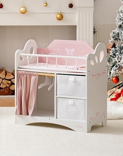 ROBUD Baby Doll Bed with Wardrobe, Wooden Dolls Cot Toy with Bedding, Storage & Hooks, Doll Accessories Furniture Crib Fits Dolls up to 22", Gifts for Girls Boys Age 3+ (Pink) thumbnail 9