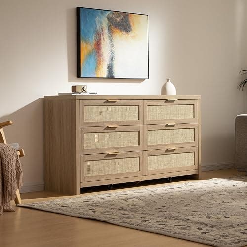 SICOTAS Rattan Dresser for Bedroom, 56.9" Wide 6 Drawer Dresser with Ample Storage, Dressers Large Chest of Drawers, Closet, Boho TV Stand for Bedroom (Reclaimed Light Oak, 1 Piece) thumbnail 9