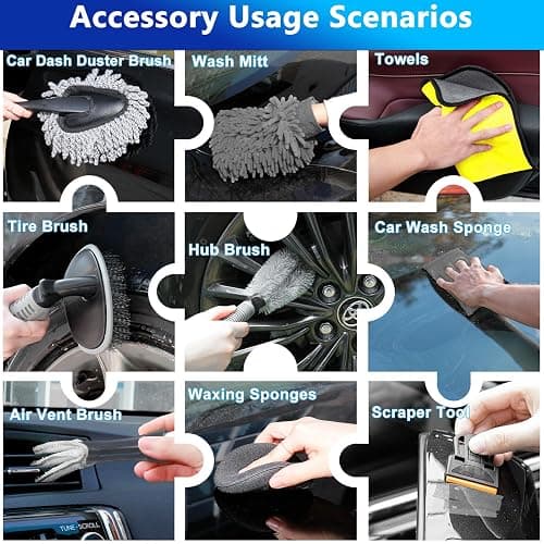 THINKWORK Car Wash Kit, Car Washing Brush with Long Handle, Extendable Car Wash Brush Mop with 2-in-1 Windshield Squeegee and 9Pcs Detailing Brush, Gray Car Detailing Kit Gift for Men thumbnail 7
