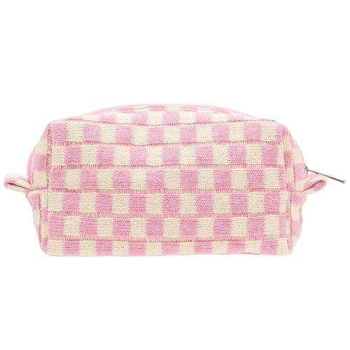 PAZIMIIK Checkered Makeup Bag for Purse Portable Zipper Make Up Pouch Small Cosmetic Case for Travel Accessories Pink Beige - Image 1