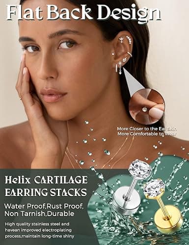 JeryWe 16G Cartilage Earrings for Women Flat Back Earrings Hypoallergenic Surgical Steel Small Flatback Stud Hoop Cartilage Earring Stacks Helix Conch Tragus Daith Piercing Jewelry 12 PCS（Single) thumbnail 2