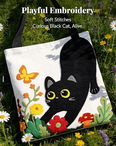Jeasona Canvas Tote Bag for Women,Cute 3D Black Cat & Flowers Reusable Embroidered Canvas Shoulder Bag thumbnail 3