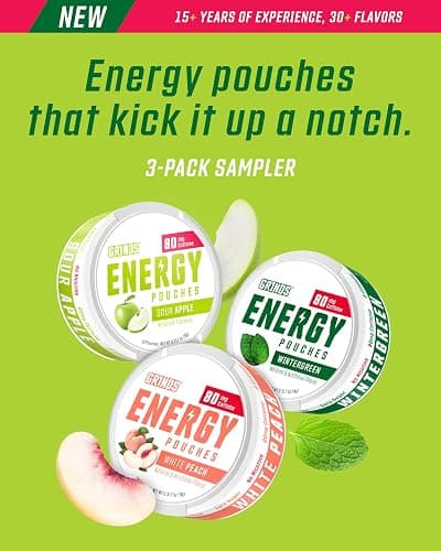 Grinds Energy Pouches - Natural Caffeine Pouches - Contains B-Vitamins, Sugar-Free, & 0 Calories - 80mg of Caffeine in Each Pouch - Wintergreen, Peach, & Sour Apple - 3 Pack, 15 Pouches Per Can thumbnail 3
