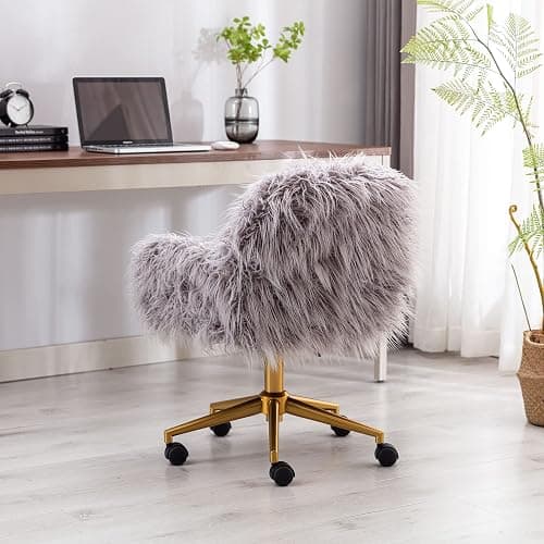 KCC Fluffy Office Desk Chair, Faux Fur Modern Swivel Armchair with Wheels, Soft Comfy Fuzzy Elegant Accent Makeup Vanity Chairs for Women Girls, Home Living Dressing Room Bedroom, Gray thumbnail 8