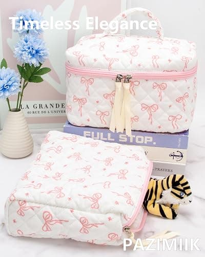 Quilted Makeup Bag Large Travel Zipper Soft Cosmetic Case for Women Girls Make Up,Bow Pink thumbnail 5