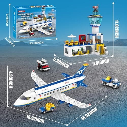 WinGift 880 Pcs City Airport Passenger Terminal Building Set, 6 IN 1 Airplane Building Blocks Toy, STEM Aircraft Bricks with Shuttle Bus,Luggage Cart,Planes Model Toys Gifts for Adults Boys Ages 6-12+ thumbnail 3