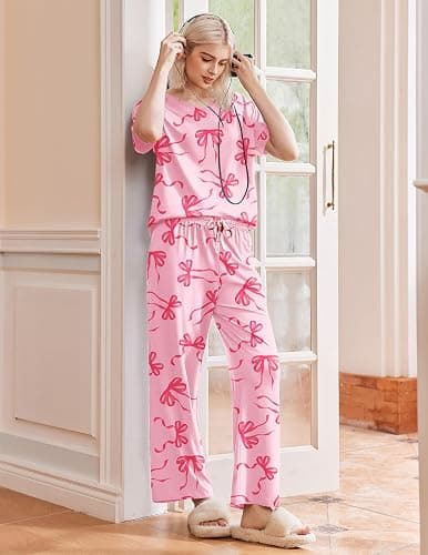 Ekouaer Pajama Sets Womens 2 Piece Short Sleeve Long Pants Pjs Lounge Set | Soft Comfy Pjs with Pockets,Casual V Neck Sleepwear,Matching Set for Travel,Maternity,Daily,Outfits thumbnail 3