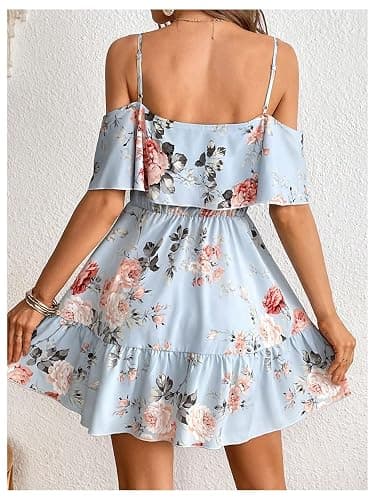 SOLY HUX Women's Boho Floral Print Cold Shoulder Dress Short Sleeve Ruffle A Line Vacation Elegant Mini Dresses thumbnail 3