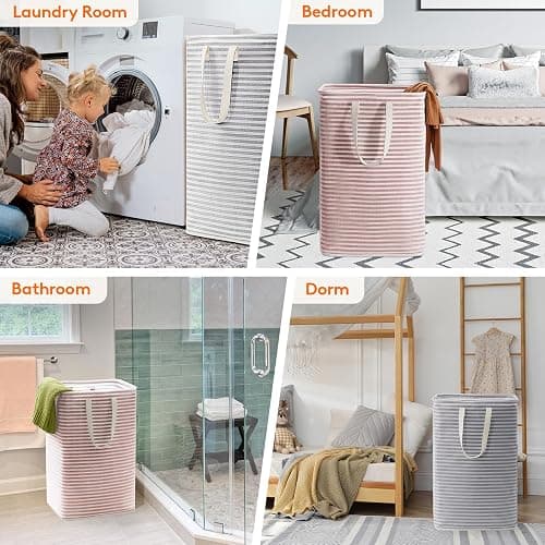 Lifewit 2 Pack Laundry Hamper Large Collapsible Laundry Basket, Freestanding Waterproof Cloth Hamper with Easy Carry Handles in Laundry Room Bedroom Bathroom Dorm for Adult, Gray&Pink, 2 x 80L thumbnail 7
