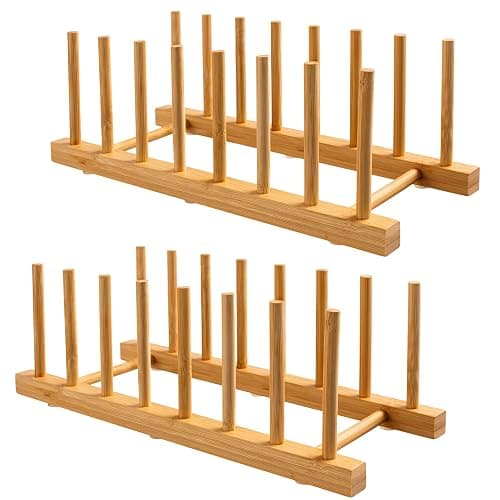 HBlife 2-Pack Bamboo Wooden Dish Rack Holder Space-Saving Vertical Organizer for Plates, Cups, Pots, Lids, Bowls & Cutting Boards Kitchen Cabinet & Counter Storage - Image 1