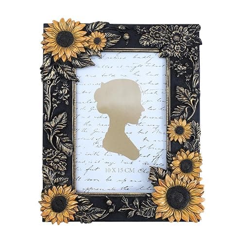Bicuzat 3D Embossed Golden Sunflower with Black Frame Pattern Photo Frame Photo Display Frame Picture Frame Card Frame for Desktop Table Top Display, 4 by 6 Inches - Image 1