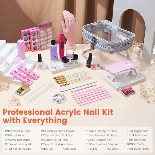 Nail Kit for Beginners with Everything: Practice Nail Hand Acrylic Set Professional Powder Liquid Starter Kits with Drill U/V Lamp in Cosmetic Gift Bag for Salon Home (Sliver) thumbnail 5
