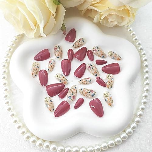 Almond Press on Nails Short Fake Nails Flower Glue on Nails Red Bean Paste Full Cover False Nails Press ons Glossy Acrylic Nails Artificial Stick on Nails for Women 24Pcs thumbnail 6