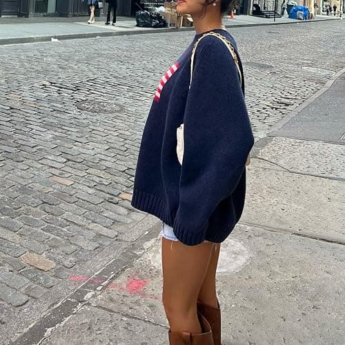 Caziffer Women American Flag Sweater Vintage Crewneck Jumper Top USA Knit Pullover Sweatshirt Preppy Striped Sweater thumbnail 3