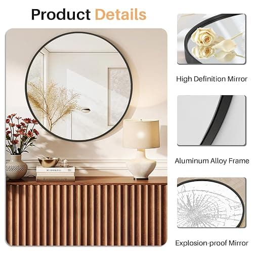 Atilioo Bathroom Mirror for Wall, 24 Inch Round Mirror, Matte Black Metal Framed Circle Vanity Mirror for Bathroom Bedroom Living Room Entryway, Anti-Rust, Tempered Glass, Hanging or Leaning thumbnail 4
