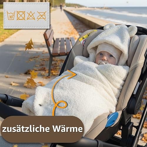 Kuschelige Boucle Einschlagdecke für Babyschale & Kinderwagen – warme Babydecke beidseitig mit Kapuze für Neugeborene – Premium Teddy für den Winter 90×90 cm Hellgrau thumbnail 4