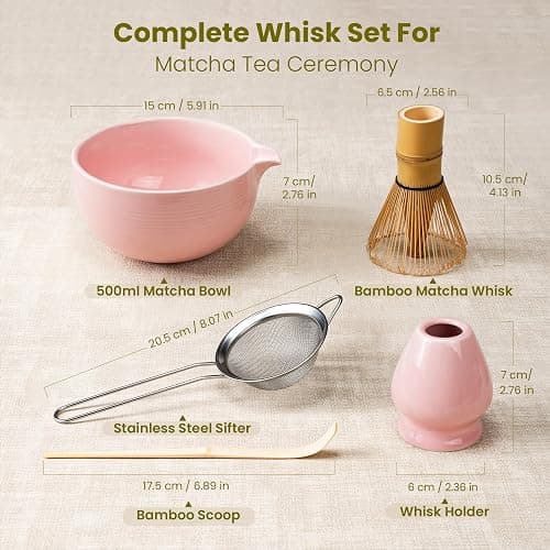 Matcha Whisk Set, Handcrafted Bamboo Chasen & Ceramic Bowl Matcha Kit,Complete 5 Pcs Pink Matcha Set Whisk and Bowl W/Stainless Steel Sifter,Bamboo Scoop & Holder for Matcha Tea Ceremony(Sakura Pink) thumbnail 3