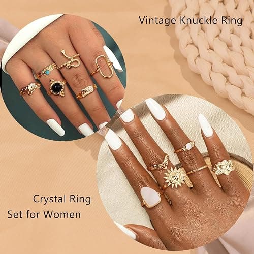 ⭐️Subiceto 70 Pcs Vintage Crystal Ring Set for Women, Stackable Knuckle Rings | 14K Gold Plated Ring Pack, Crystal Gem Snake Retro Boho Finger Rings, Multiple Size for Midi, Thumb, Joint, Knuckle, Stacking thumbnail 8