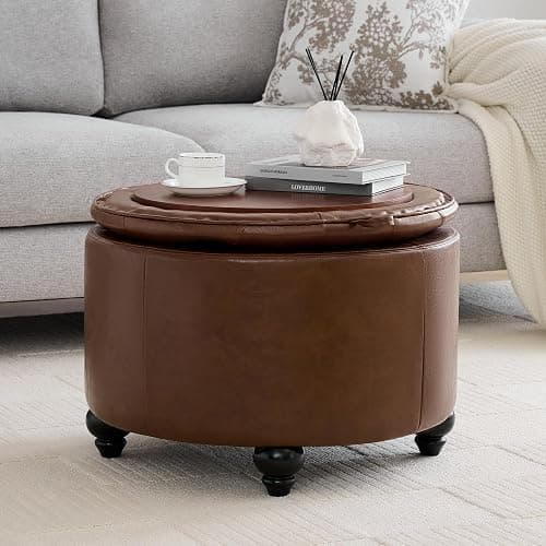 WUTUTUEE 24Inch Round Storage Ottoman with Tray, Modern Tufted Leather Circle Coffee Table with Storage, Upholstered Ottoman with Removable Top for Living Room, Bedroom, Leather Coffee thumbnail 7
