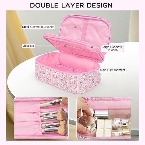 Relavel Cute Makeup Bag for Girls, Portable Pink Cosmetic Bag, Dual-layer Makeup Pouch with Brush Holder, Multi-Functional Preppy Toiletry Organizer for Travel, Daily Use - Pink Flower thumbnail 3