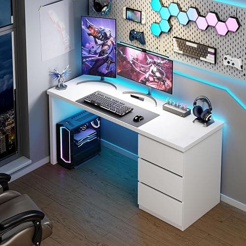 furtble White Desk with Drawers, 47'' W Home Office Desk Gaming Table, Modern Vanity Desk with Storage, Wood Computer Desk Writing Workstation for Bedroom, Living Room thumbnail 6