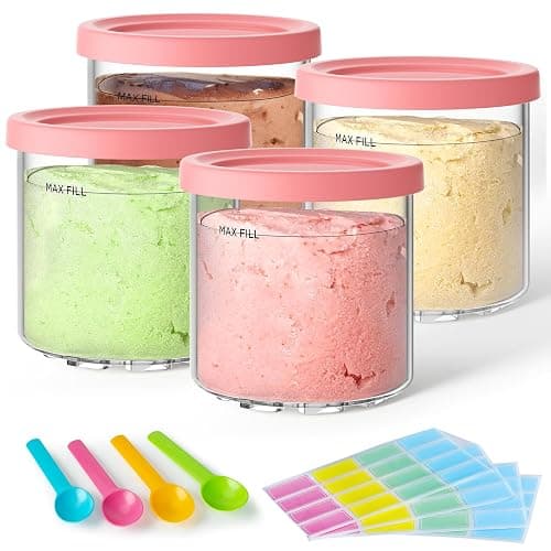 4 Pack Creami Pint Containers and Lids for Ninja with 4 spoons and writable labels, Compatible with Ninja NC299 NC300 NC301 Series Creami Maker Machine Accessories, BPA Free & Dishwasher Safe, Pink - Image 1