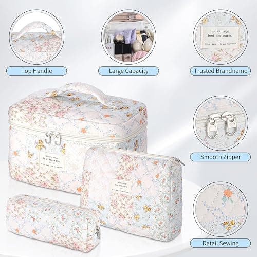 senbowe Floral Makeup Bag, 3 Pack Large Cotton Quilted Makeup Bag Set, Cute Floral Coquette Aesthetic Toiletry Bag Make Up Cosmetic Bag for Women, Toiletry Travel Make Up Organizer Bag thumbnail 3