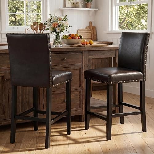 Upholstered Counter Height Bar Stools with Nailhead Trim, 24 Inch Seat Height, Solid Wood Frame, 300 LBS Weight Capacity, PU Leather & Fabric Options for Kitchen Island, Dining Room, Bar (Brown, 4pcs) thumbnail 3