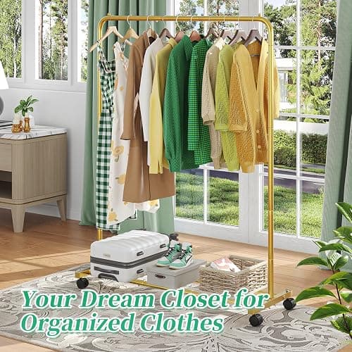 Simple Trending Standard Clothes Clothing Garment Rack with Storage Shelves, Rolling Clothes Organizer on Wheels for Hanging Clothes, Gold thumbnail 3