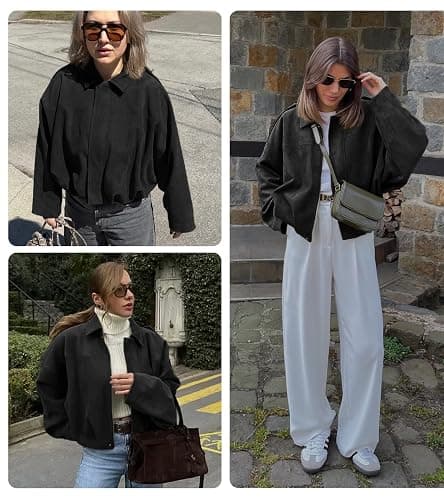 Bnigung Womens Faux Suede Bomber Jacket Casual Lapel Pilot Cropped Coat Oversized Motorcycle Jackets 2025 Outerwear thumbnail 5