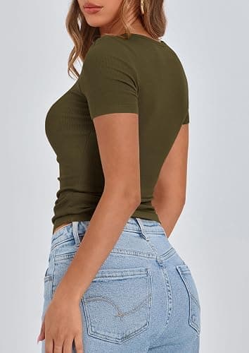 PRETTYGARDEN Women's Summer Tops Henley Tee Shirts | Soft Ribbed Fabric,Button Up, Short Sleeve,Slim Fitted,Basic Tshirts,Casual Trendy,Going Out Outfits,Fashion Clothing thumbnail 2