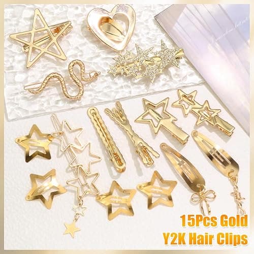 SAWINDA 15Pcs Gold Snake Star Hair Clips Y2k Snap Hair Barrettes for Women Water Drop Non Slip Hair Pins Christmas Metal Heart Clips for Hair Cute Cool Y2k 2000s Accessories for Girls thumbnail 2