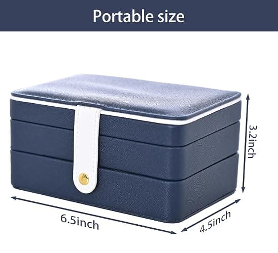 Jewelry Box,3 Layer Leather Jewellry Storage Boxes Small Travel Portable Jewelry Organiser Box for Women and Men Removable Flocking Compartment Gift for Girl Necklace Ring Earrings Bracelet (Blue) thumbnail 4
