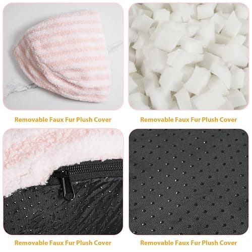 Round Pouf Ottoman Stuffed Foot Rest Stool, Floor Chair Poufs for Living Room Bedroom, Faux Fur Poufs with Foam Chunk Filling, Storage Ottoman Pouf 20 X 15 Inch Boho Poof for Couch, Pink & White thumbnail 3