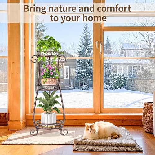 LASZOLA 3 Tier Bronze Metal Plant Stand for Multiple Large Planters Indoor Outdoor Organizer, Heavy Duty Tall Flower Stand for Corner Patio Bathroom Office, Modern Sturdy Vertical Iron Rack, Cat Proof thumbnail 2