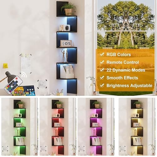 Qupui Corner Shelf Wall Mount with LED Light, 5 Tier Floating Corner Bookshelf, Plant Shelf for Bedroom, Floating Shelves for Wall, Display Stand for Living Room, Bathroom, Home Office, Black thumbnail 6