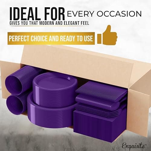 350 Pcs Purple Plastic Plates For Party, Purple Disposable Plates Set, 50 Of Each 9" Dinner Plate Set, 7" Dessert Plate, Cups, Napkins & Cutlery Plastic Dinnerware Set Exquisite thumbnail 4