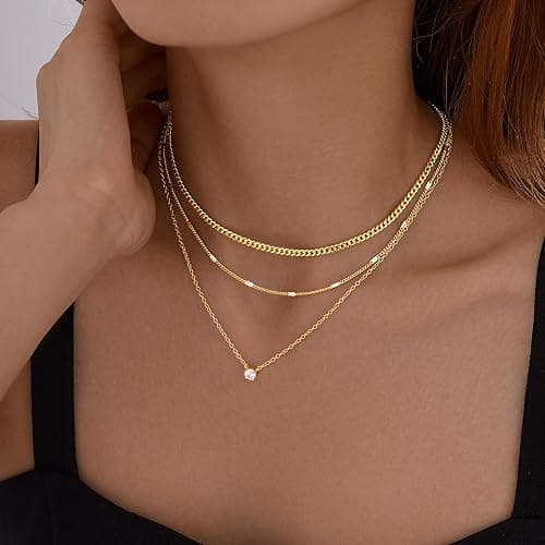 WomenGifts Layered Gold Necklaces for Women, 14K Gold Silver Plated Dainty Pendant Necklace Set with Cubic Zirconia Circle, Chunky Stackable Cuban Chain Choker, Trendy Waterproof Jewelry Gift thumbnail 2