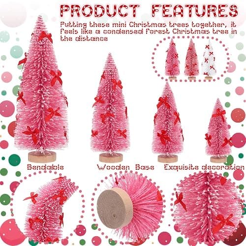 Soaoo 12 Pack Bottle Brush Christmas Trees with Bow 5 6 8 10 Inches Artificial Christmas Tree Decorations with Wood Base for Winter Snow Miniature Scene Tabletop Decor(White, Pink, Dark Pink) thumbnail 4