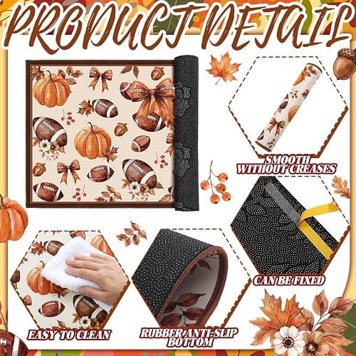 Fourluoo 3 Pcs Fall Football Pumpkin Kitchen Rugs and Mats Set | Farmhouse Door Mats for Home Bathroom Kitchen Cabin, Fall Home Decor, Non Slip Washable Kitchen Mats, 3 Size thumbnail 5