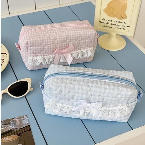 Aniute Floral Quilted Pencil Case with Bow Large Capacity Aesthetic Pen bag Makeup Bag Cute Cosmetic Organizer Pouch Stationery Storage Bag for School Office Travel (Pink heart) thumbnail 5