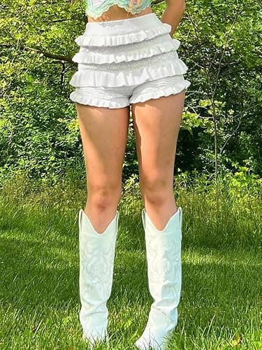 Women Ruffle Crochet Knit Shorts Ruffled Layered Pleated Tiered High Waist Summer Beach Lounge Shorts thumbnail 4
