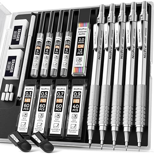 Nicpro Metal Mechanical Pencil Set, 5 PCS Art Drafting Pencils 0.3, 0.5, 0.7, 0.9 mm & 2mm Graphite Lead Holder For Sketching Drawing With 9 Tubes (4B 2B HB 2H Colors) Lead Refills Erasers Case - Image 1