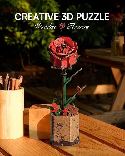 Wowood 3D Flower Wooden Puzzles for Adults-Red Rose, DIY Wooden Flowers Model Kit Building Set Crafts Birthday Gifts Women, Artificial Botanical Collection Creative Gift Ideas/Housewarming (106PCS) thumbnail 4