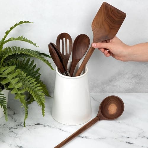 Salt & York 5-piece Walnut Wooden Kitchen Utensil Set - Includes Turner, Tongs, Slotted Spoon, Ladle, and 12" Spoon - Best Wooden Spoons for Cooking - Ideal for Nonstick Cookware thumbnail 2